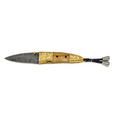 Luxury Giftware Limited Edition Damascus Steel 256 Layer Woolly Mammoth Tusk Ivory and Brass Handle Folding Knife with Leather Sheath and Wooden Gift Box