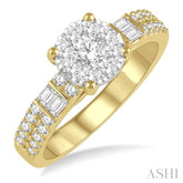 7/8 Ctw Round and Baguette Diamond Lovebright Engagement Ring in 14K Yellow and White gold