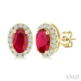 5X3 MM Oval Shape Ruby and 1/8 Ctw Round Cut Diamond Halo Precious Stud Earrings in 14K Yellow Gold