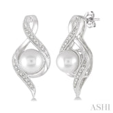 6.5 MM Round Shape Cultured Pearls and 1/20 Ctw Round Cut Diamond Earrings in Sterling Silver