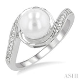 7x7 MM Round Shape Cultured Pearl and 1/50 Ctw Bypass Round Cut Diamond Ring in Sterling Silver