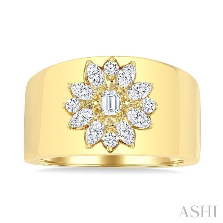 5/8 Ctw Mixed Cut Diamond Floral Centerpiece Bold Gold Wide Band in 14K Yellow Gold