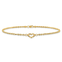 14k Diamond-cut Open Heart and Rope Chain 10 inch Anklet