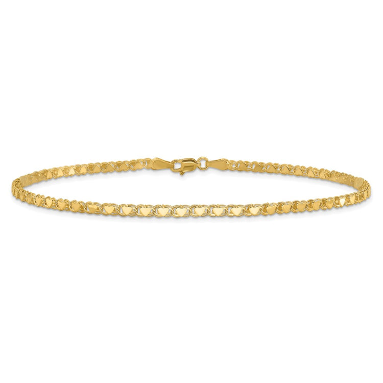 14k Polished Double-Sided Hearts Double Link 10 inch Anklet