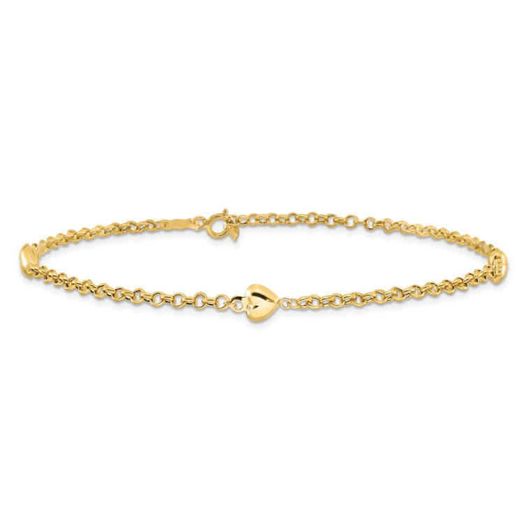 14k Polished Puffed Heart 3-Station 10 inch Anklet