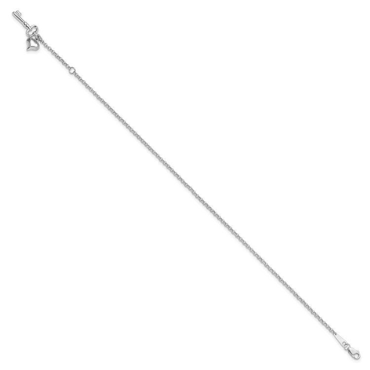 14k White Gold Cable Chain with Puffed Heart and Key Dangle 9 inch Plus 1 inch Extender - Total 10 inch Anklet