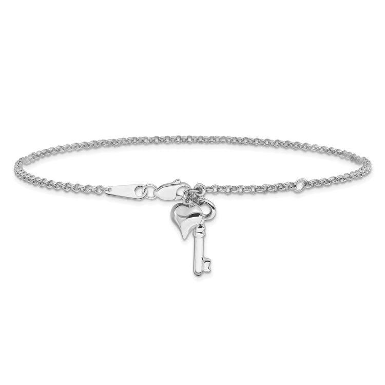 14k White Gold Cable Chain with Puffed Heart and Key Dangle 9 inch Plus 1 inch Extender - Total 10 inch Anklet