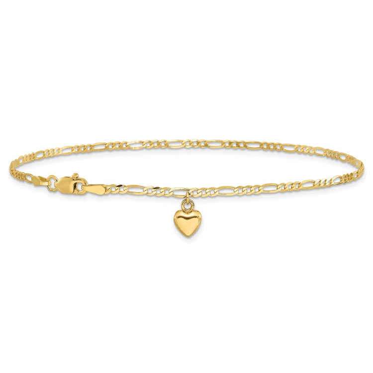 14k Figaro Link Chain with Dangling Puffed Heart 9 inch Anklet