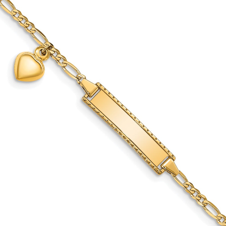 14k Polished Solid Chain/Solid Plate Heart Dangle Figaro Link 21x6mm Plate 6 inch Baby/Child ID Bracelet