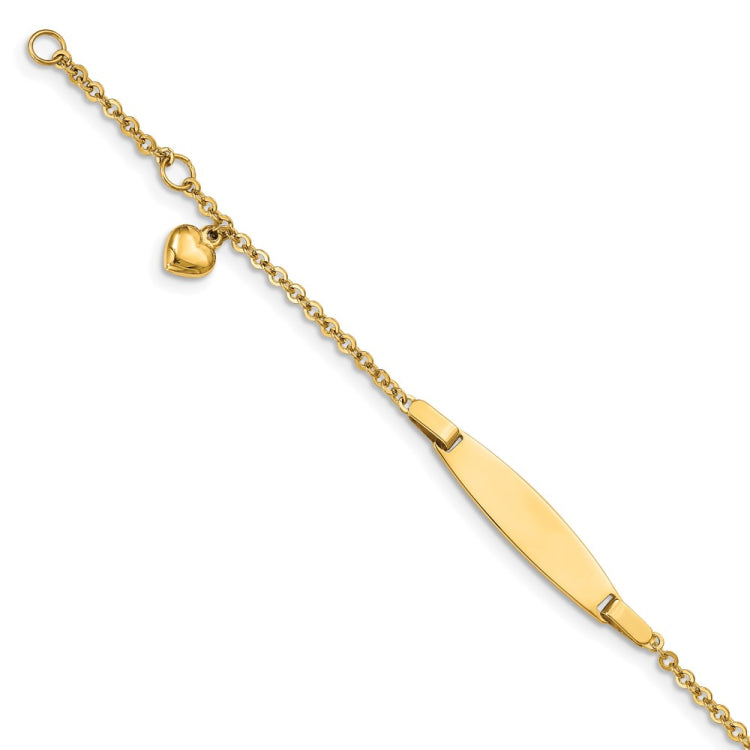 14k Polished Solid Chain/Solid Plate Heart Dangle 20x6mm Plate 4.5 inch Baby/Child ID Bracelet with 0.5 inch Extender