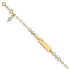 14k Two-tone Polished Textured Cross and Cut-out Heart 18x5mm Plate 4.5 inch Baby/Child ID Bracelet with 1 inch Extender