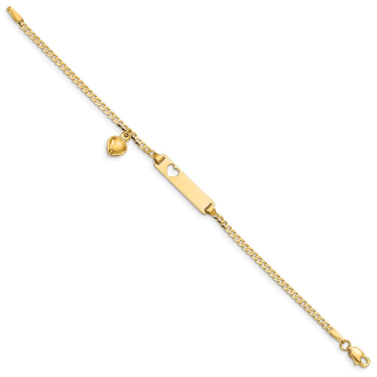14k Polished Solid Chain/Solid Plate Cut-out Heart with Heart Dangle Curb Link 21x5mm Plate 6 inch Baby/Child ID Bracelet