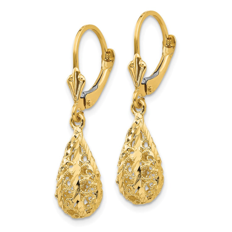 14k Polished Diamond-Cut Filigree Teardrop Dangle Leverback Earrings
