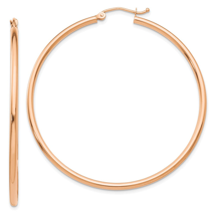 14K Rose Gold 2x50mm Polished Lightweight Tube Hoop Earrings