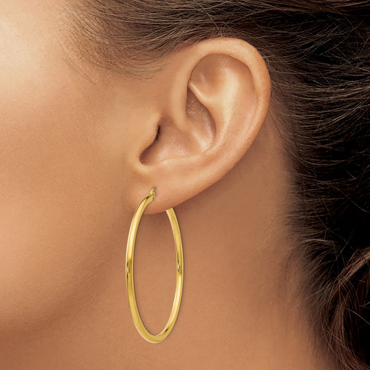 14K 2.5x50mm Polished Round Tube Hoop Earrings
