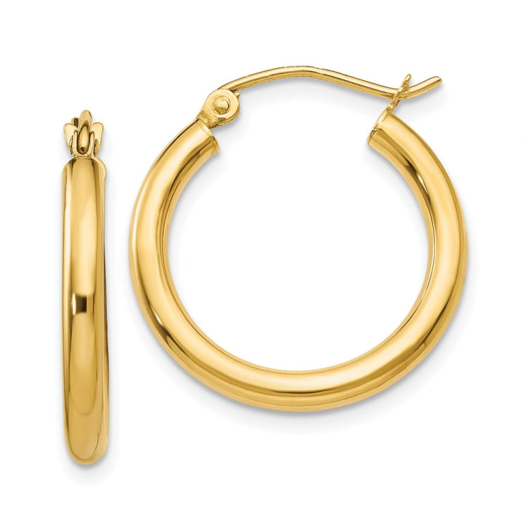 14K 2.5x20mm Polished Round Tube Hoop Earrings