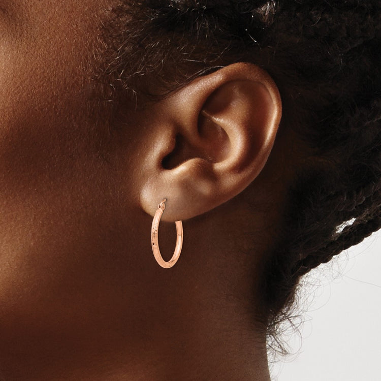 14k Rose Gold 2x20mm Diamond-cut Polished Tube Hoop Earrings