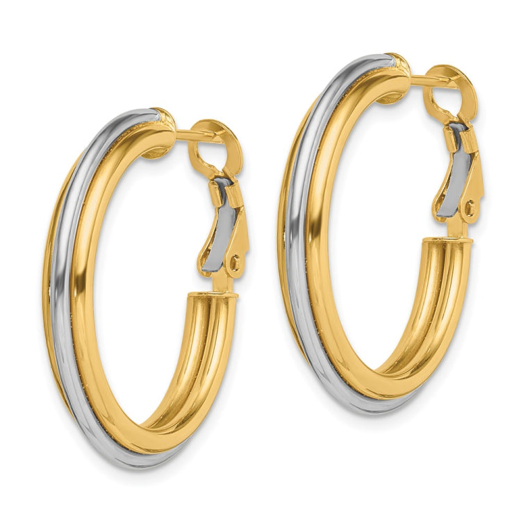 14K Two-tone 4x28mm Polished Omega Back Tube Hoop Earrings