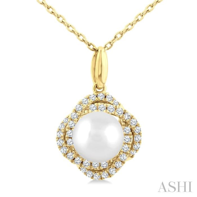 6 MM Cultured Pearl and 1/6 Ctw Round Cut Diamond Petite Fashion Pendant With Chain in 10K Yellow Gold