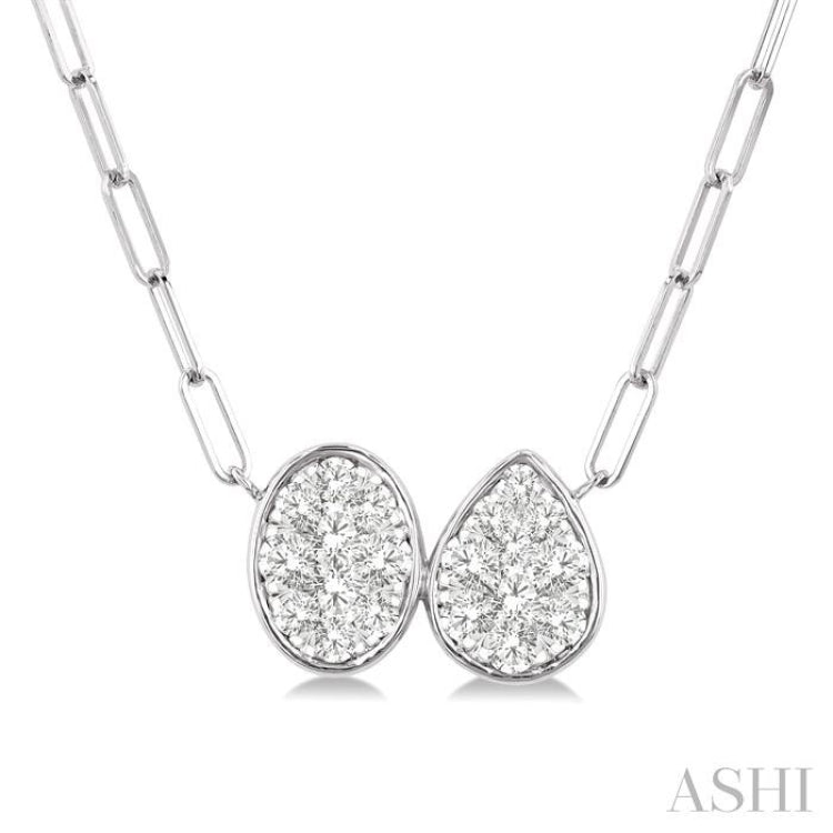 3/8 Ctw Lovebright Oval and Pear Shape Toi Et Moi Round Cut Diamond Necklace in 14K White Gold