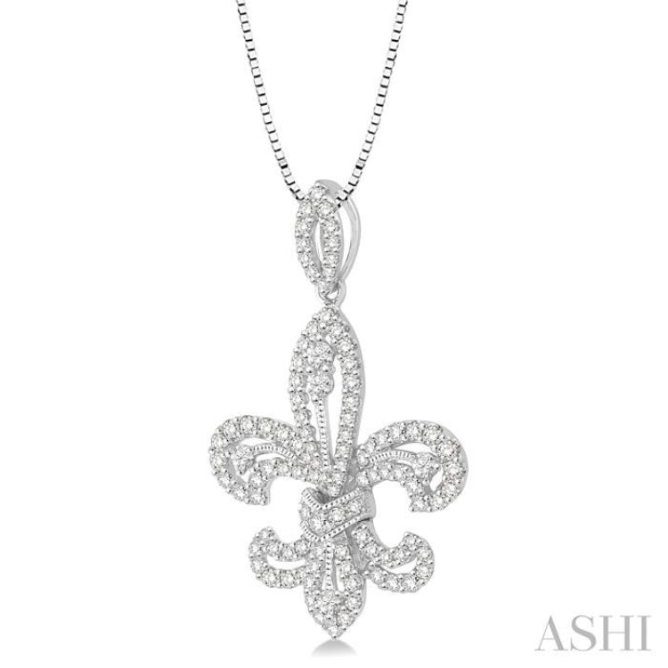 7/8 Ctw Round Cut Diamond Fleur De Lis Diamond Pendant in 14K White Gold with Chain