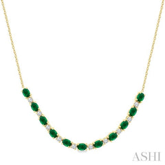 4X3 MM Oval Shape Emerald and 1/2 Ctw Round Cut Diamond Precious Tennis Necklace in 14K Yellow Gold