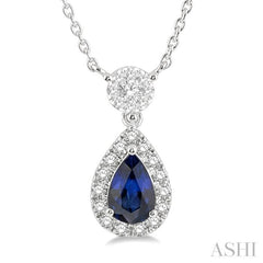 6x4 MM Pear Cut Sapphire and 1/3 Ctw Round Cut Diamond Lovebright Precious Necklace in 14K White Gold