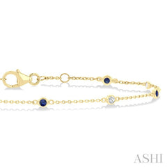 1.8 MM Sapphire and 1/10 Ctw Bezel Set Round Cut Diamond Precious Gemstone Station Bracelet in 14K Yellow Gold