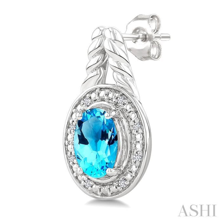 8X6 MM Cushion Shape Blue Topaz and 1/20 Ctw Round Cut Diamond Semi-Precious Earrings in Sterling Silver