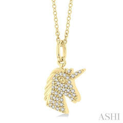 1/6 Ctw Petite Unicorn Head Round Cut Diamond Fashion Pendant With Chain in 10K Yellow Gold