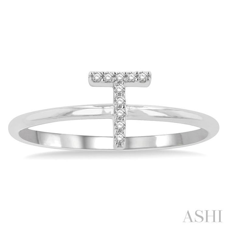 1/20 Ctw Initial 'T' Round Cut Diamond Fashion Ring in 10K White Gold