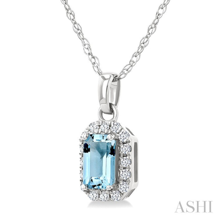 5x3 MM Octagonal Shape Aquamarine and 1/20 Ctw Round Cut Diamond Halo Semi-Precious Pendant with Chain in 10K White Gold