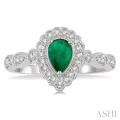 6x4 MM Pear Shape Emerald and 1/6 Ctw Round Cut Diamond Precious Ring in 10K White Gold