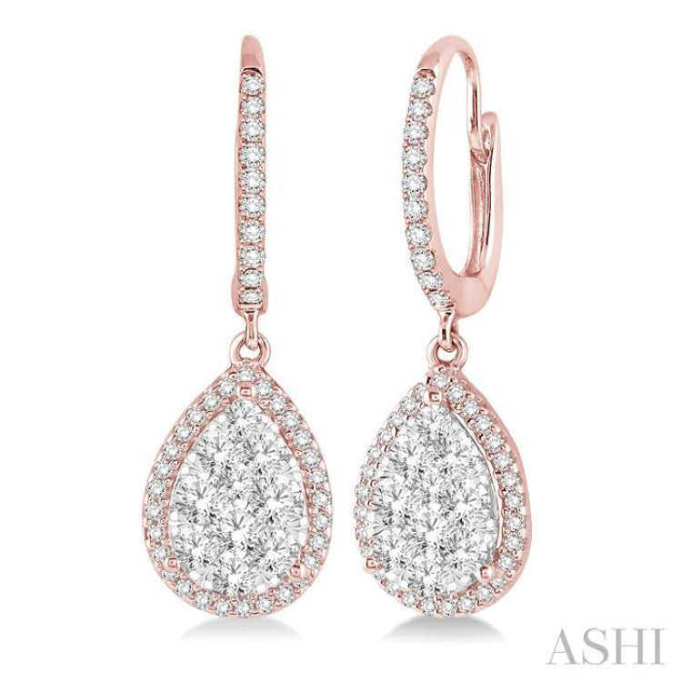 3/4 Ctw Pear Shape Diamond Lovebright Earrings in 14K Rose and White Gold