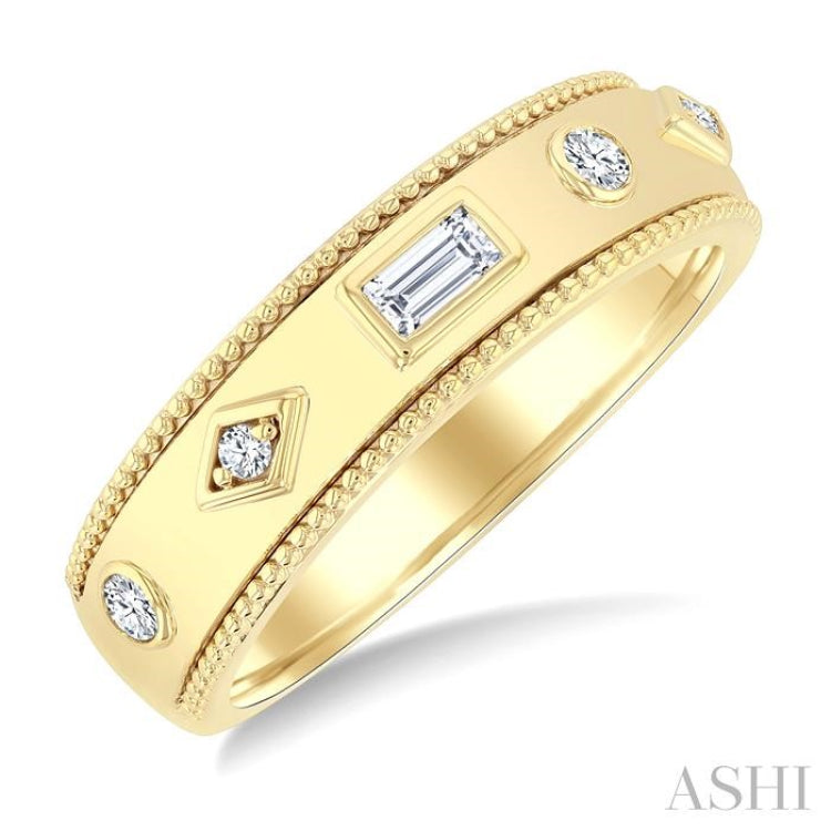 1/6 Ctw Mixed Shape Bezel Set Baguette and Round Cut Diamond Fashion Band in 14K Yellow Gold