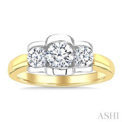 1 Ctw 3-Stone Round Cut Diamond Fashion Ring in 14K Yellow and White Gold
