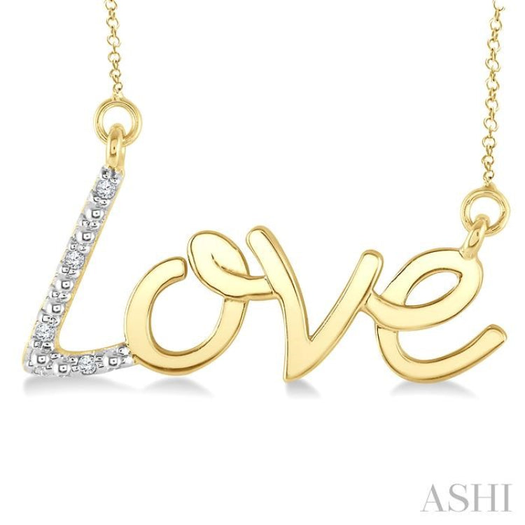 1/50 Ctw 'Love' Calligraphed Round Cut Diamond Fashion Pendant With Chain in Yellow Gold Vermeil