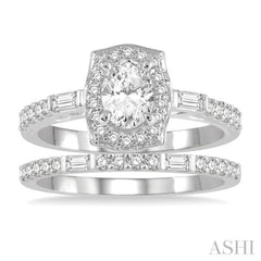 1 Ctw Baguette and Round Cut Diamond Wedding Set With 3/4 Ctw Cushion Shape Oval Cut Engagement Ring and 1/5 Ctw Wedding Band in 14K White Gold