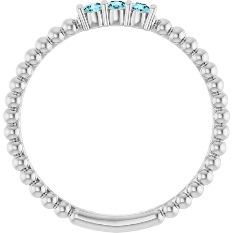 14K White Gold Natural Blue Zircon Beaded Ring