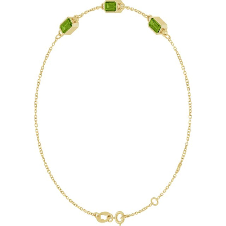 14K Yellow Gold Natural Peridot Bezel-Set 3-Stone 7 1/2" Bracelet