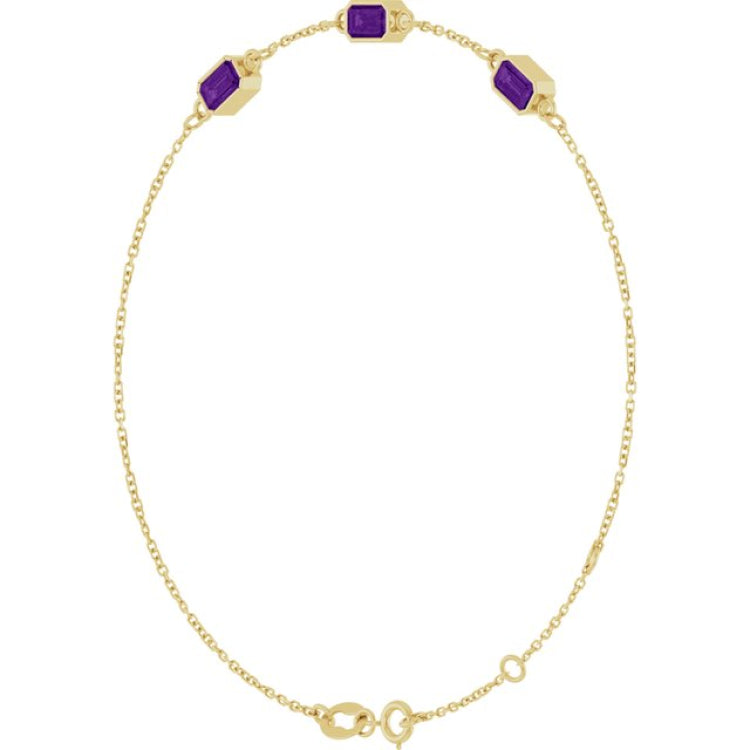 14K Yellow Gold Natural Amethyst Bezel-Set 3-Stone 7 1/2" Bracelet