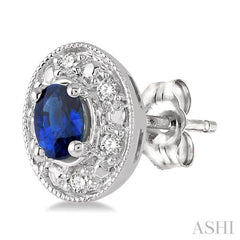 4x3 MM Oval Shaped Sapphire and 1/10 Ctw Round Cut Diamond Earrings in 14K White Gold
