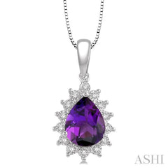 9X6 MM Pear Shape Amethyst and 1/10 Ctw Round Cut Diamond Semi-Precious Pendant With Chain in 10K White Gold
