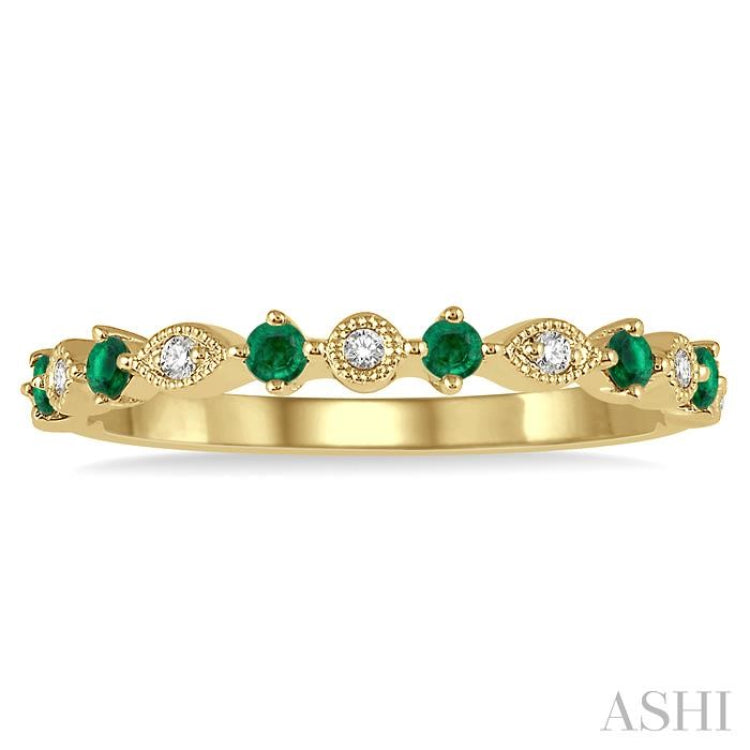 1.8 MM Round Cut Emerald and 1/20 Ctw Round Cut Diamond Precious Half Eternity Wedding Band in 14K Yellow Gold