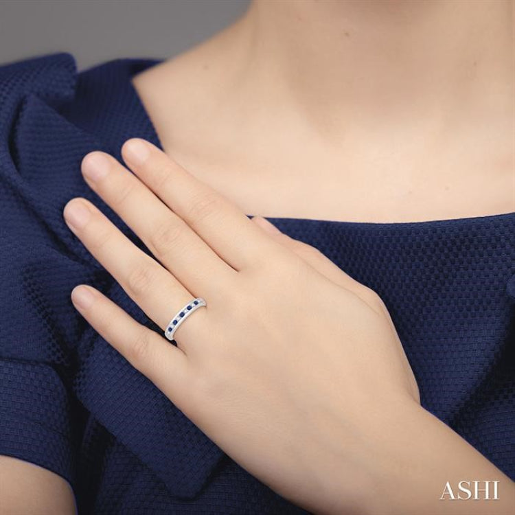 2 MM Sapphire and 1/5 Ctw Round Cut Diamond Precious Wedding Band in 14K White Gold