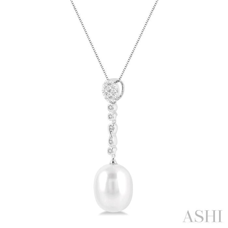 12x10 MM Cultured Pearl and 1/5 Ctw Hanging Round Cut Diamond Drop Lovebright Pendant With Chain in 14K White Gold