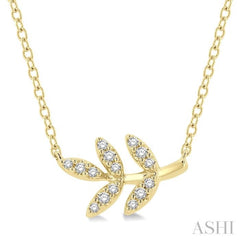 1/10 Ctw Leaf Motif Round Cut Diamond Petite Fashion Pendant With Chain in 10K Yellow Gold