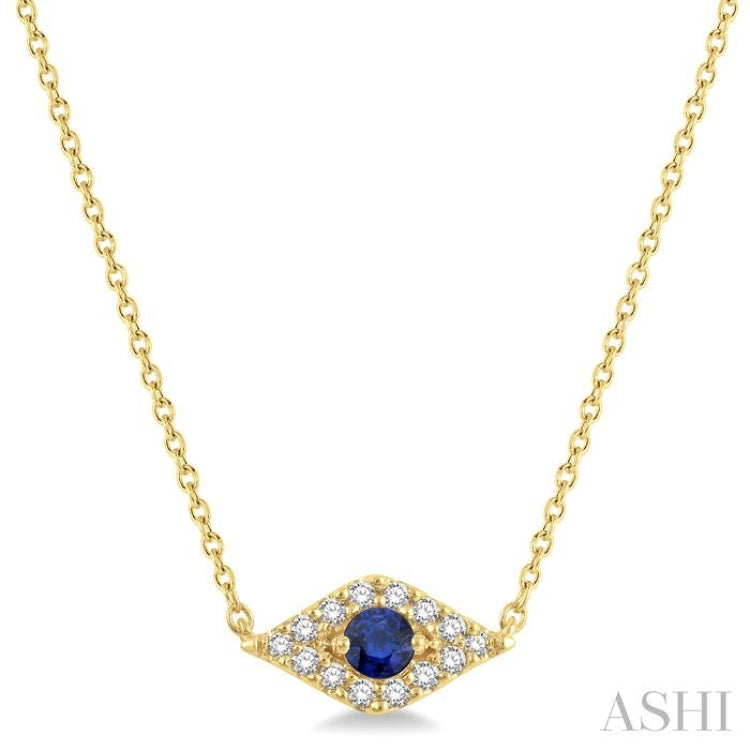 2.60 MM Round Cut Sapphire and 1/10 Ctw Evil Eye Round Cut Diamond Precious Petite Fashion Pendant With Chain in 10K Yellow Gold