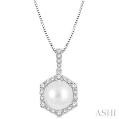8 MM Cultured Pearl and 1/3 Ctw Hexagon Shape Round Cut Diamond Pendant With Chain in 14K White Gold