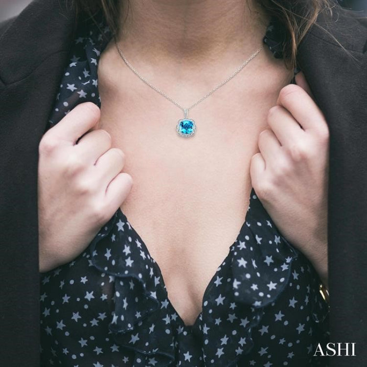 10X10 MM Cushion Shape Blue Topaz and 1/20 Ctw Round Cut Diamond Semi-Precious Pendant With Chain in Sterling Silver